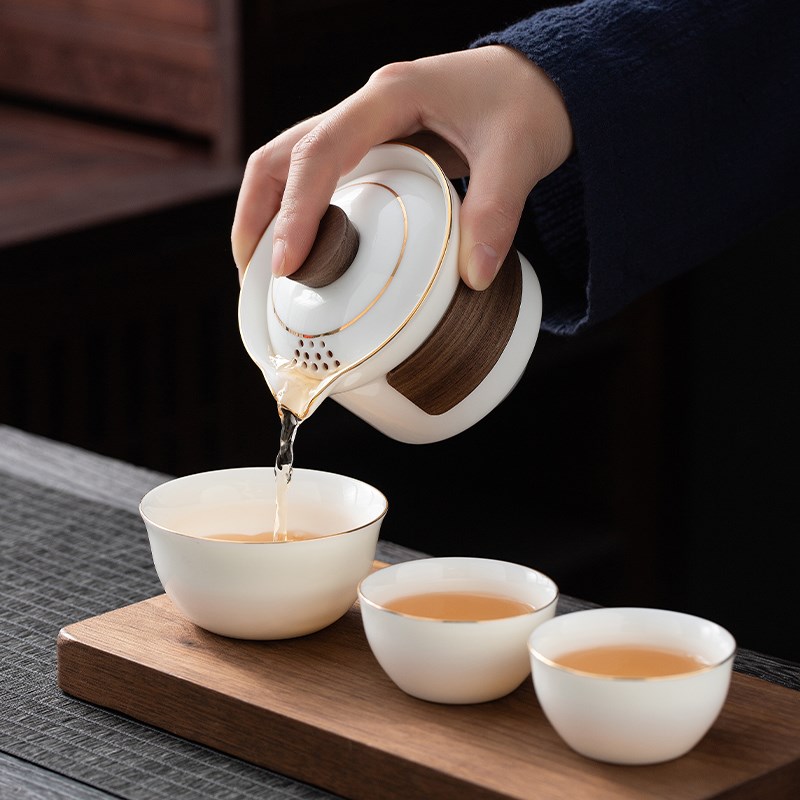 白瓷快客杯一壶一杯单个人专用简易手抓泡茶壶茶杯便携式旅行茶具