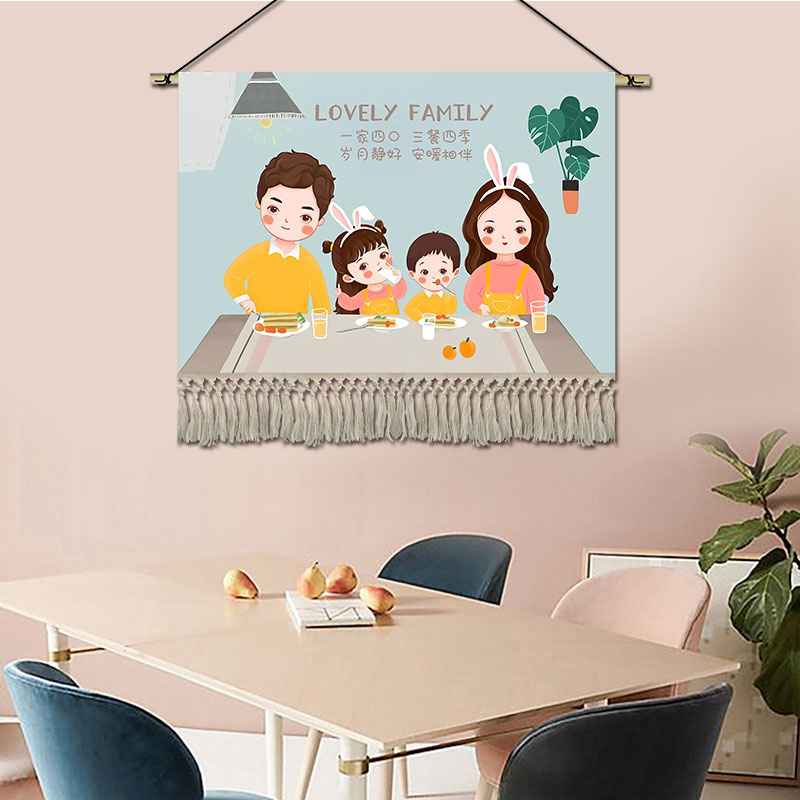 简约卡通人物挂毯布艺幸福一家挂画卧室客厅装饰画儿童房书房壁画图片