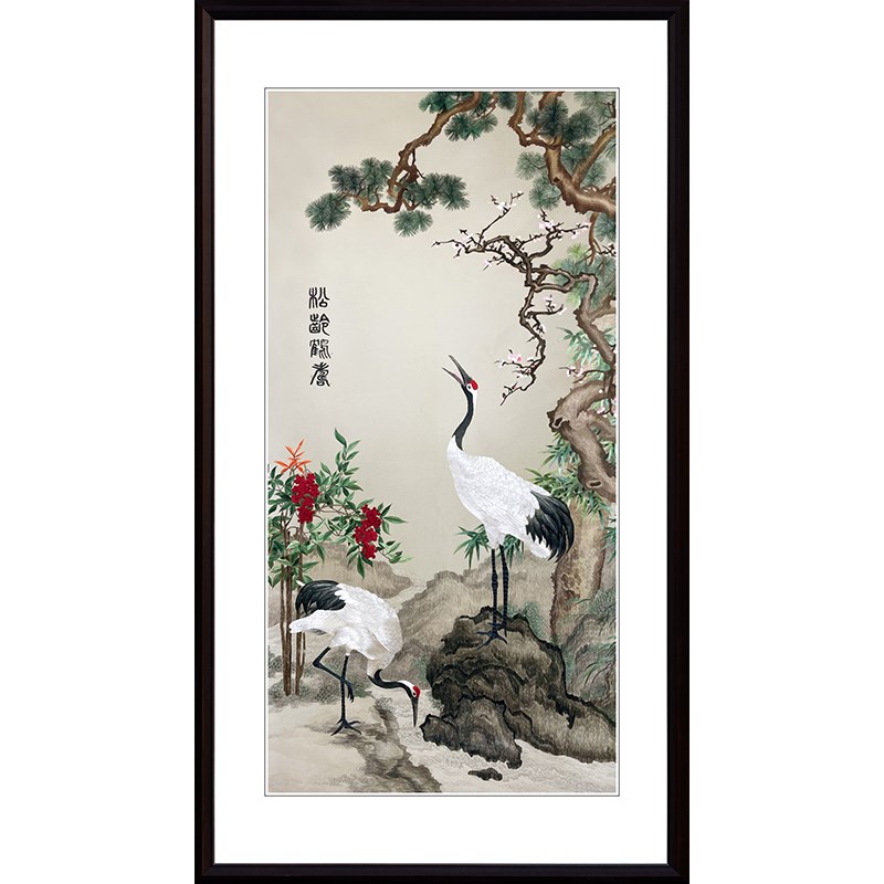 苏绣成品挂画玄关中式古典纯手工刺绣祝寿送礼花鸟松树仙鹤装饰画图片