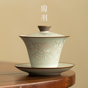 汝窑莲花悬停三才盖碗单s个防烫手陶瓷泡茶碗家用功夫茶具冲茶器