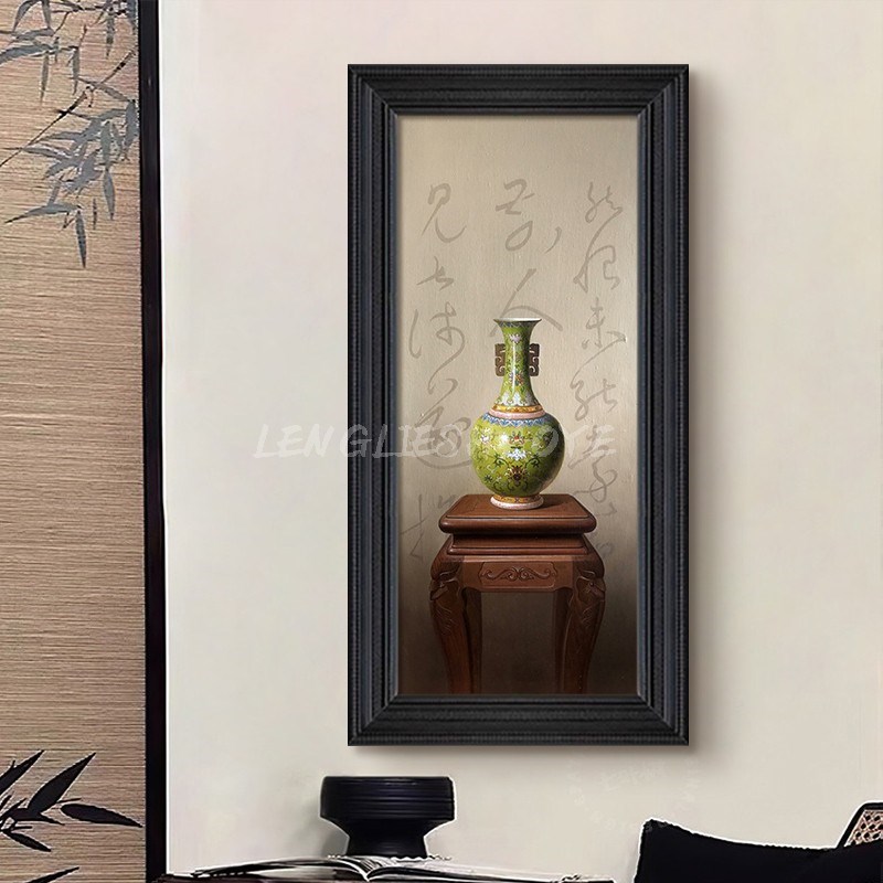 中式绿色青花瓷静物摆件客厅茶室装饰挂画玄关过道复古风手绘油画图片