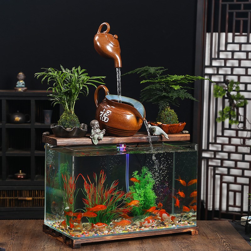 招财流水循环玻璃金鱼缸家用懒人免换水生态自循环过滤制氧加湿器