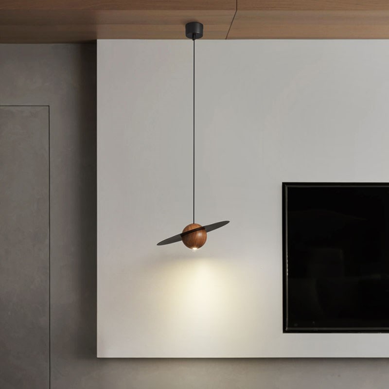 胡桃木黄铜飞碟吊灯侘寂风高级感创意玄关灯吧台卧室床头线灯