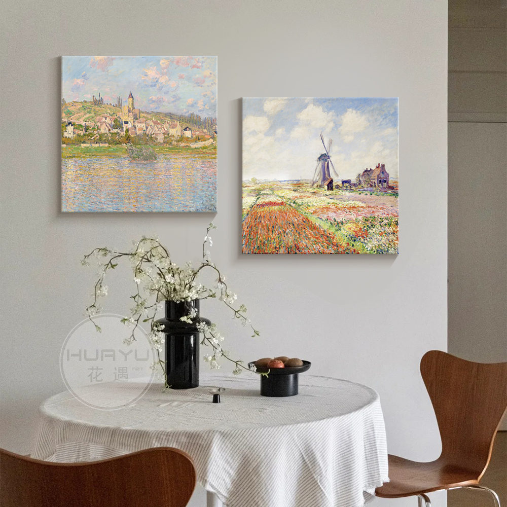 莫奈法式奶油风餐厅组合装饰画背景墙无框挂画中古风高级感餐桌画图片