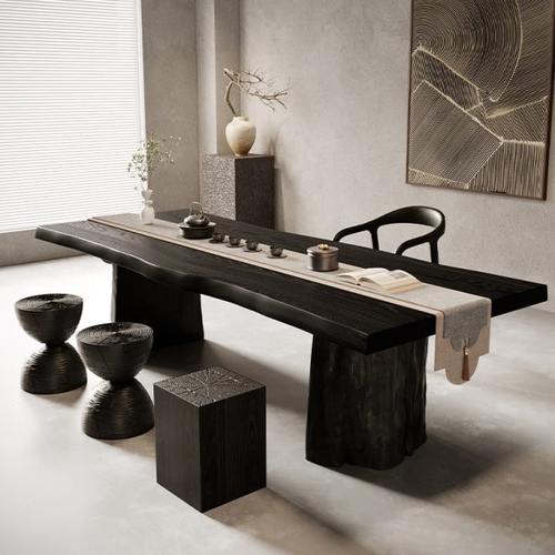 白蜡木纹理侘寂风茶桌茶台家用碳化黑简约现代客厅实木茶桌椅组合