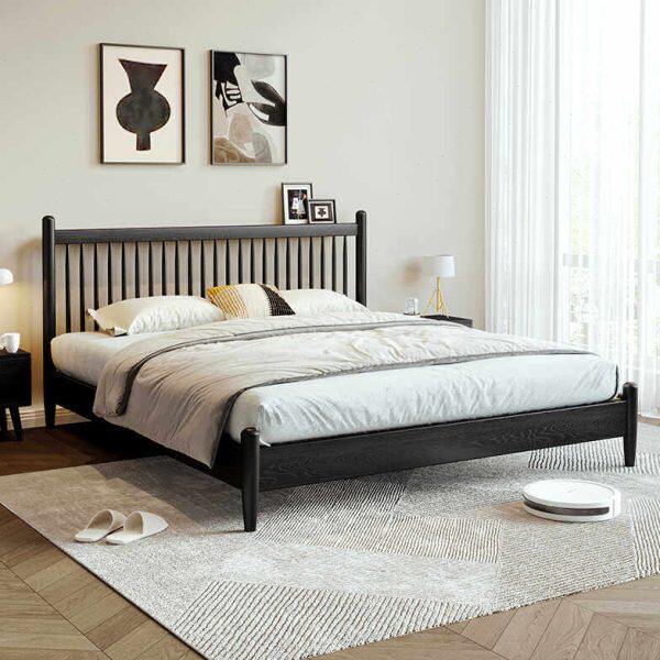 法式黑色实木双人床白蜡木家用1.8米卧室主卧原木轻奢现代温莎床