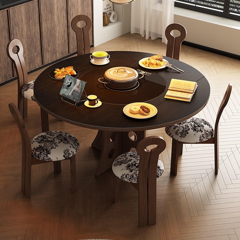 电磁炉餐桌实木岩板圆形家用中古风圆桌内嵌电动转盘T饭桌2025新