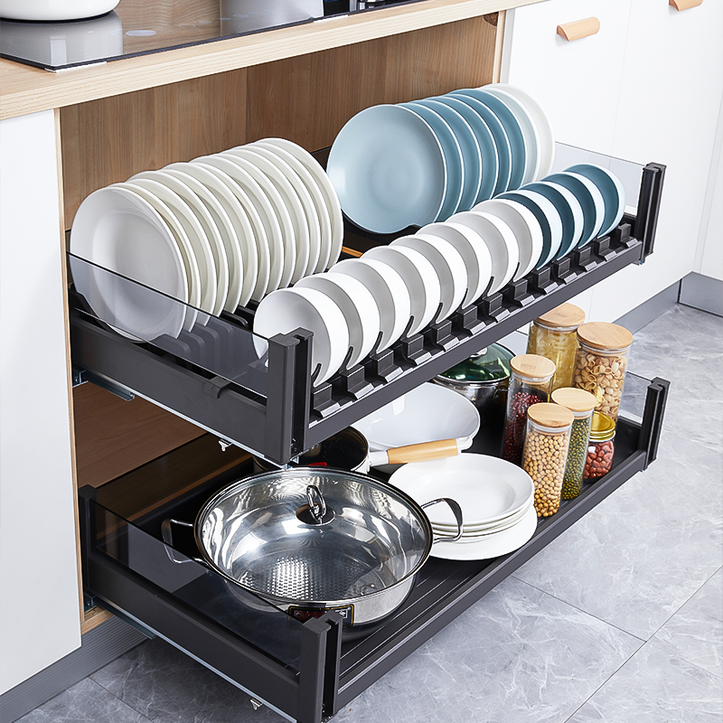 厨房拉篮双层碗碟篮全铝合金抽屉式地柜收纳推拉T式拉篮橱柜碗篮