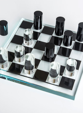 现代轻奢家居样板间客厅桌面软装饰品水晶K玻璃九宫格国际棋盘摆