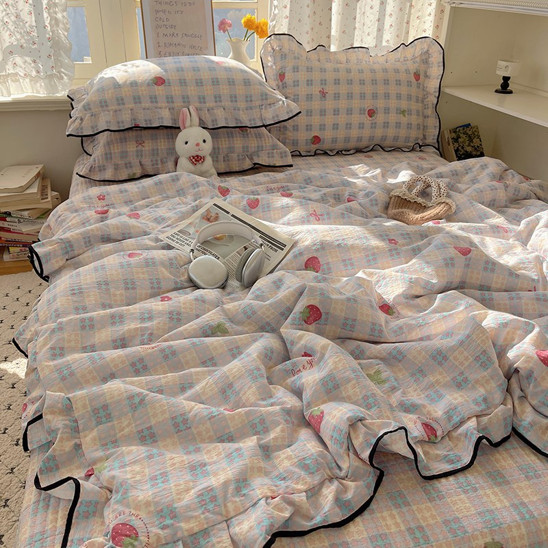 法式花边格子草莓k水洗棉夏凉被四件套床盖款空调被单双人宿舍夏