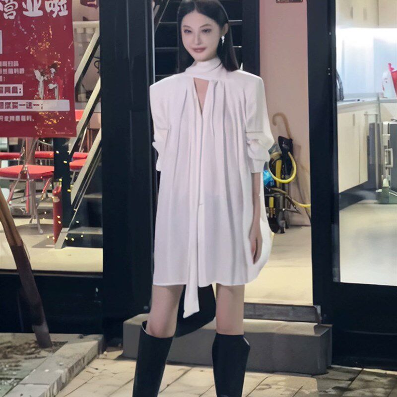 现货!秋季新款御姐风通勤领结小众气质设计感中长款韩版慵懒衬衫