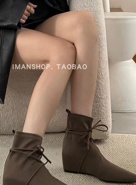 wins shoes2025法式秋冬新沙丁缎面系带芭蕾风内增高短靴子女鞋