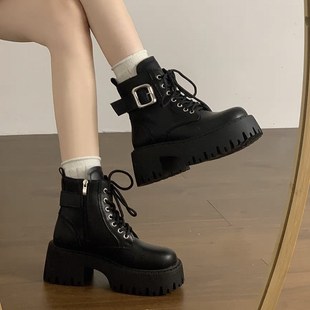 黑色马丁靴女英伦风秋冬2024新款 炸街小个子粗跟高跟厚底春秋单靴