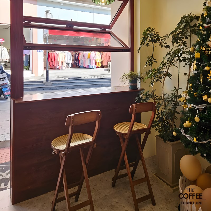 法式南洋风藤编靠背o吧台椅可折叠实木酒吧凳奶茶甜品店咖啡厅吧