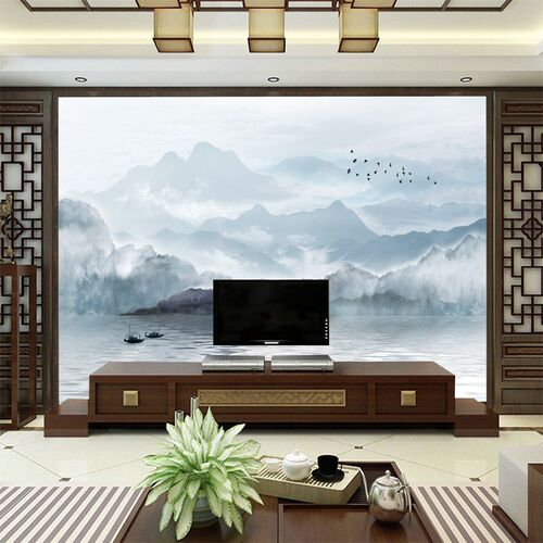 沙花定山制新中式壁画硬包背景墙鸟水水墨软包电视发床头餐厅酒店