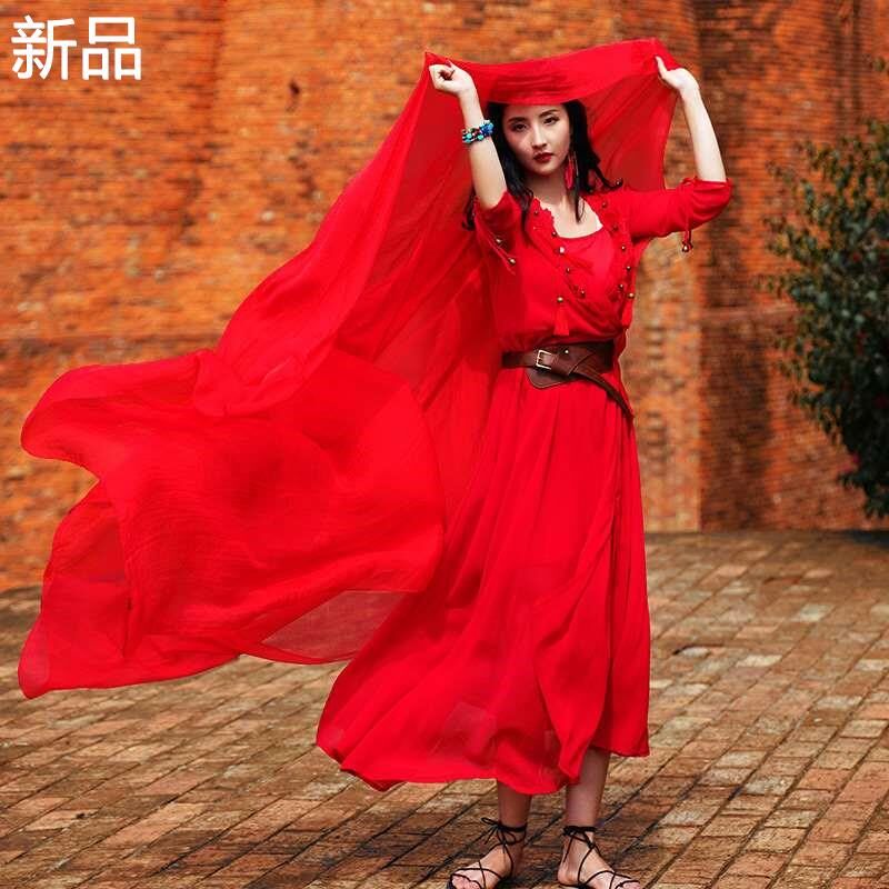 红色丝巾女2024新款中国红围巾披肩薄款3米长舞蹈拍照大红纱巾新