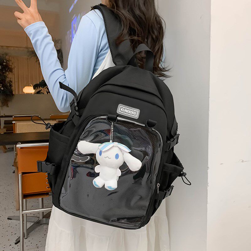 痛包双肩包透明层可放p20cm娃背包高颜值黑色书包女生小学生大容