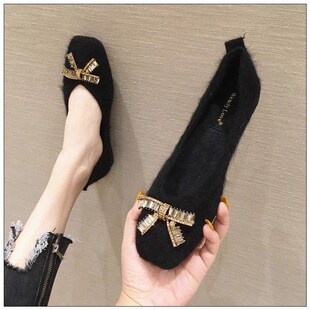 毛毛鞋女冬季外穿韩版方头平底鞋黑色加绒方扣水钻豆豆鞋女棉瓢鞋