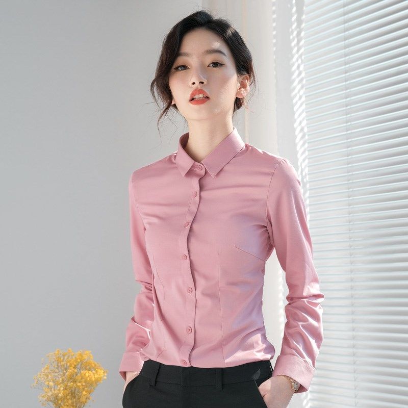 粉色衬衫女长袖职业装秋季新款工作服H高级感免烫弹力白色衬衣女