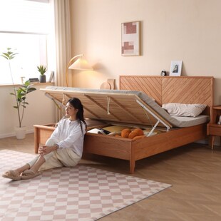 高脚箱体床 离地高箱储物床 透气防潮的白蜡木实木侧开储物双人床