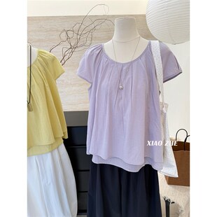 小哲 公主袖褶皱设计感宽松衬衫女夏季新款时尚百搭洋气无袖衬衣