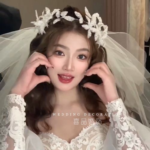 喜品新款仙气手工花多层米珠头纱新娘饰品样片拍摄外景森系造型配