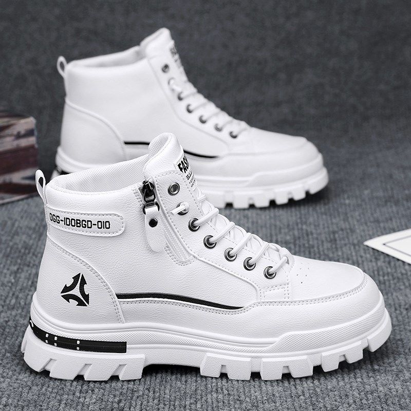 马丁靴男鞋冬季2024新款白色皮鞋男士侧拉链高帮工装小白鞋英伦风