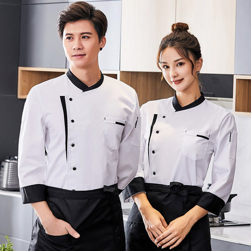 白色长袖厨e师服棉混纺布料 餐饮饭店四季工衣套装可客制化