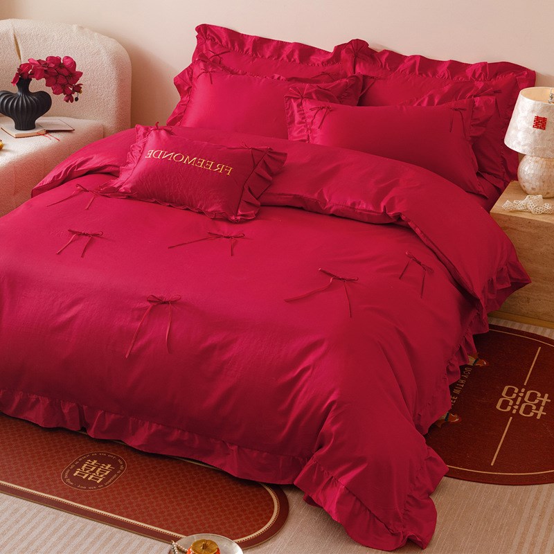 法式浪漫结婚四件套大红色喜庆被套床单婚嫁喜被简约婚庆床上用品