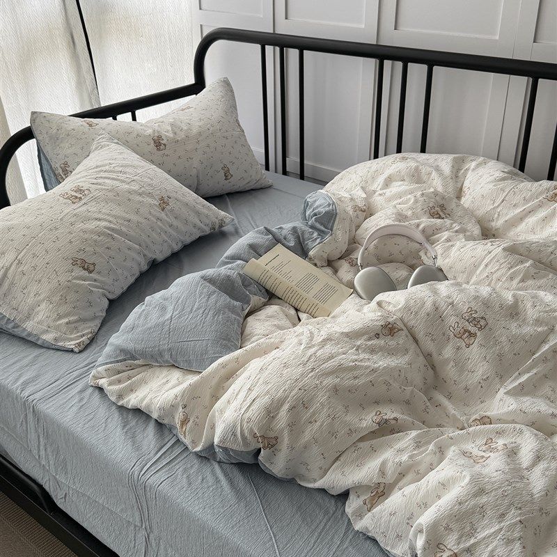 ins小清新花兔软糯皱纱水洗棉四件套双层提花被套学生三件套,床上用品,床品套件/四件套/多件套,淘宝优惠券,粉丝福利购,淘宝优惠卷