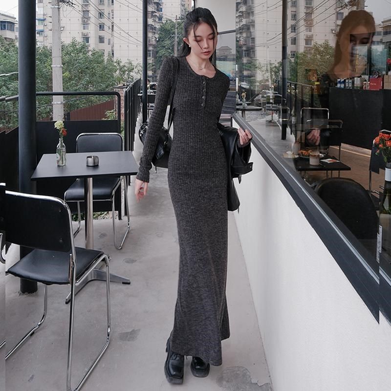 MOONA百搭麻灰色针织长袖连衣裙女秋冬气质显瘦收腰修身毛衣长裙,女装/女士精品,连衣裙,淘宝优惠券,粉丝福利购,淘宝优惠卷