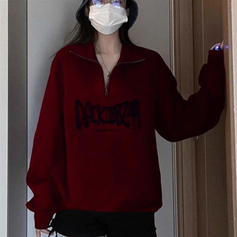 纯棉polo领半拉链卫衣女秋冬加绒加厚美式宽松无帽长袖小个子外套