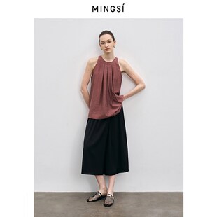 Mingsi2024夏季新品黑色砖红色挂脖设计上衣