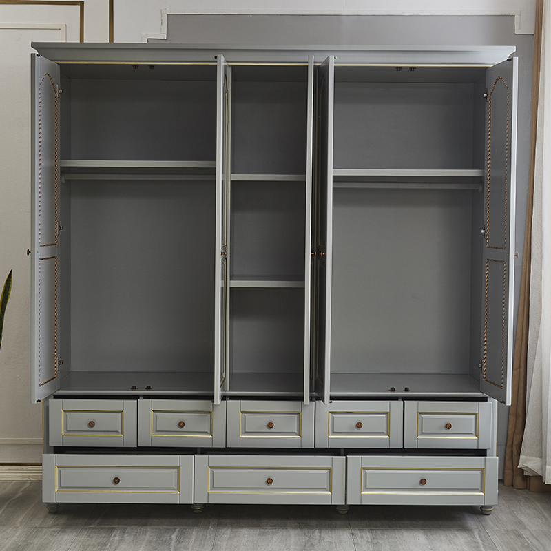 美式实木轻奢衣柜化妆台组合柜灰色对开3门四门5门卧室套房大衣橱