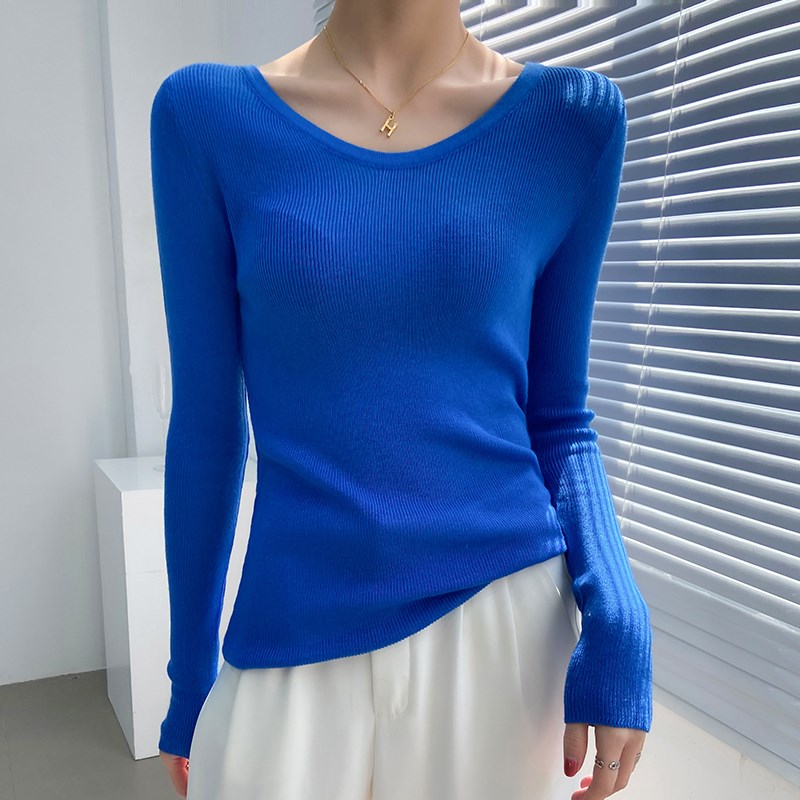 细羊毛白色u领针织衫内搭2024早春新款小衫修身薄款长袖t恤女微透