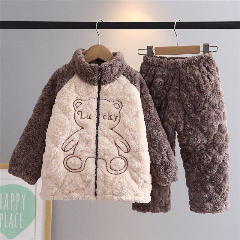 儿童睡衣冬季男童女童三层夹棉法兰绒拉链家居服男孩宝宝加厚套装