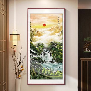 旭日东升靠山图新中式玄关装饰画竖版聚财山水画办公室挂画国画