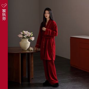 家乐芬红色睡衣女秋冬款冬季半边绒加厚加绒家居服和服长款本命年