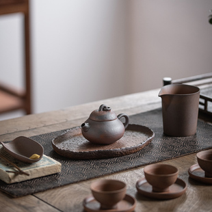 粗陶无釉茶壶粗陶梨形壶老岩泥侧把壶陶土提梁单壶家用陶瓷泡茶器