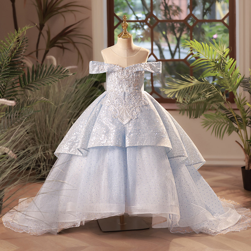 女童礼服2023新款蓝色儿童主持人演出服轻奢小众高端走秀公主裙冬