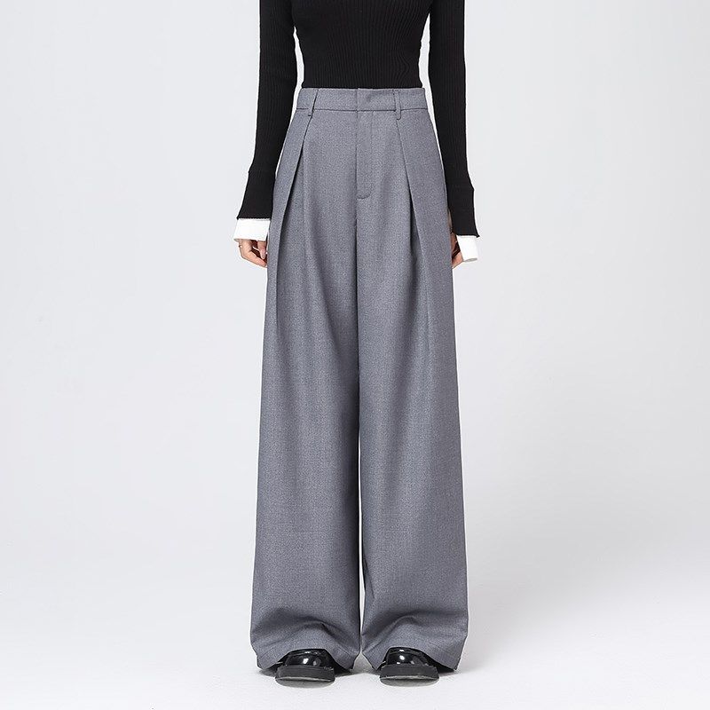 灰色西装裤女2024秋冬新款垂感直筒休闲裤窄版显瘦高级感阔腿裤子
