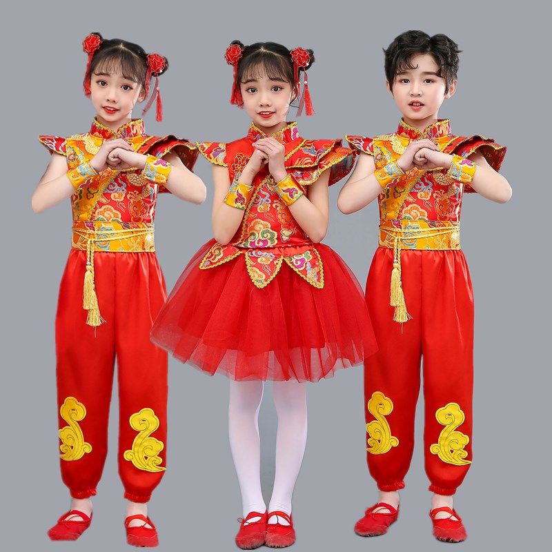 六一儿童打鼓服演出服中国风民族说唱喜庆服开门红舞蹈幼儿表演服