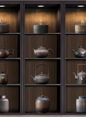 新中式软装茶馆茶室博古架复古摆件粗陶茶具茶壶仿古陶瓷提梁壶