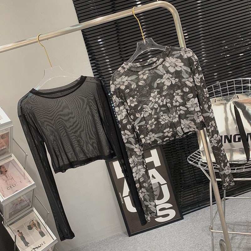 2023年夏季新款复古紧身碎花防晒网纱长袖上衣女潮