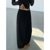 黑色针织休闲长裤 女冬季 加厚阔腿卫裤 ousph 宽松直筒白设计感裤 子