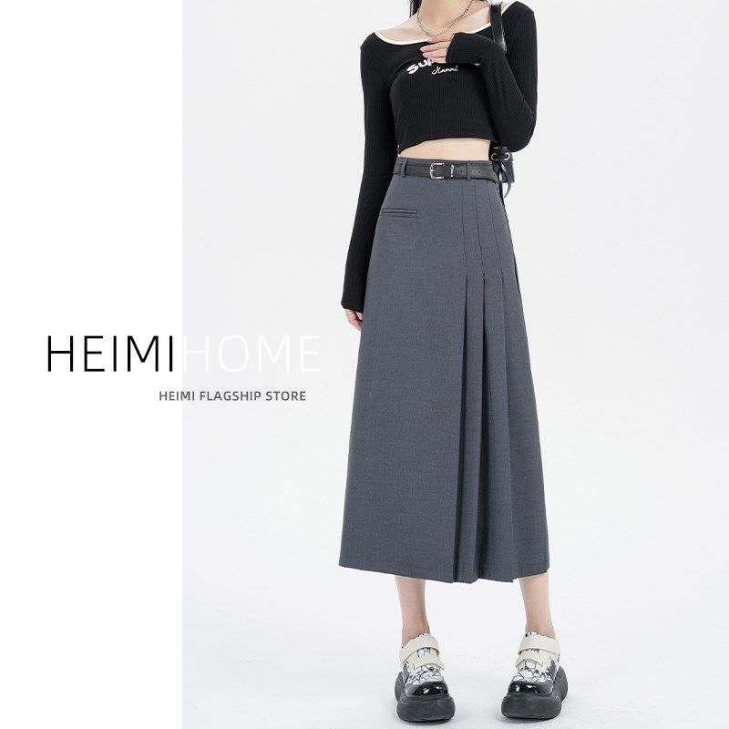 黑色西装半身裙女春夏秋高腰显瘦垂感a字长裙小个子中长款百褶裙