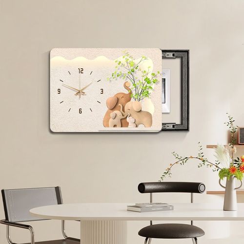 大象电表箱装饰画钟表2024新款免打孔配电箱遮挡时钟挂画强弱电盒