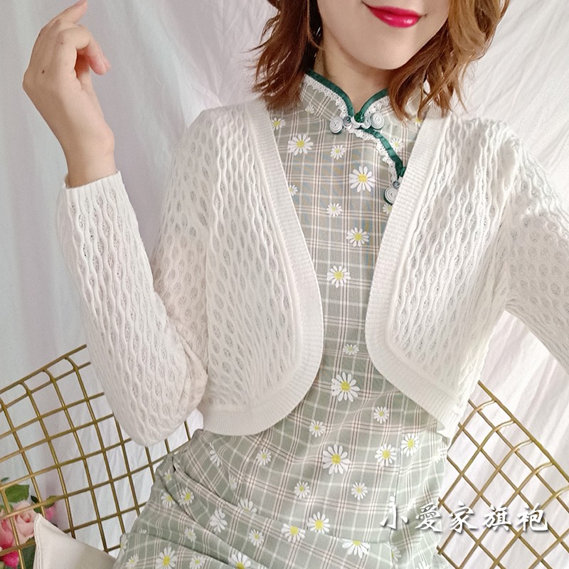 春秋黑色外搭开衫短款搭配旗袍裙子披肩外套长袖针织衫复古上衣女