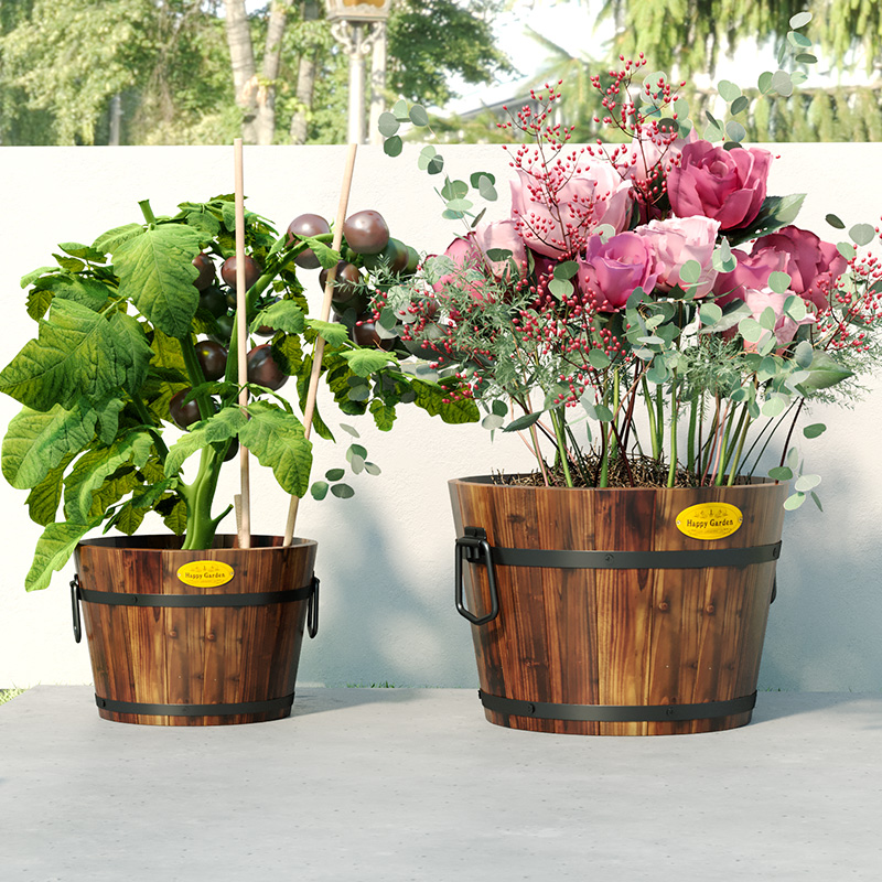 防腐木花盆木桶种花花盆创意木质花盆老桩圆桶阳台种菜箱深度碳化