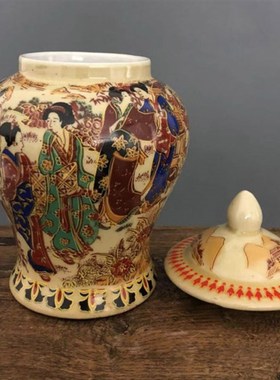 清乾隆年制刻人物侍女图纹将军茶叶罐景德镇仿古瓷器做旧古玩收藏